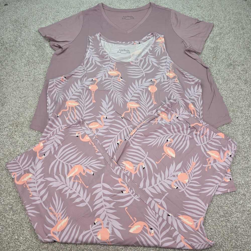 AnyBody Womens 3PC Pajama Set 2X Flamingo Palm Print Tee Tank Pants Lavender NEW